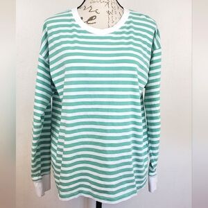 J.Crew Striped Long Sleeve Shirt Large Green White Cotton Crewneck Tee Top Class
